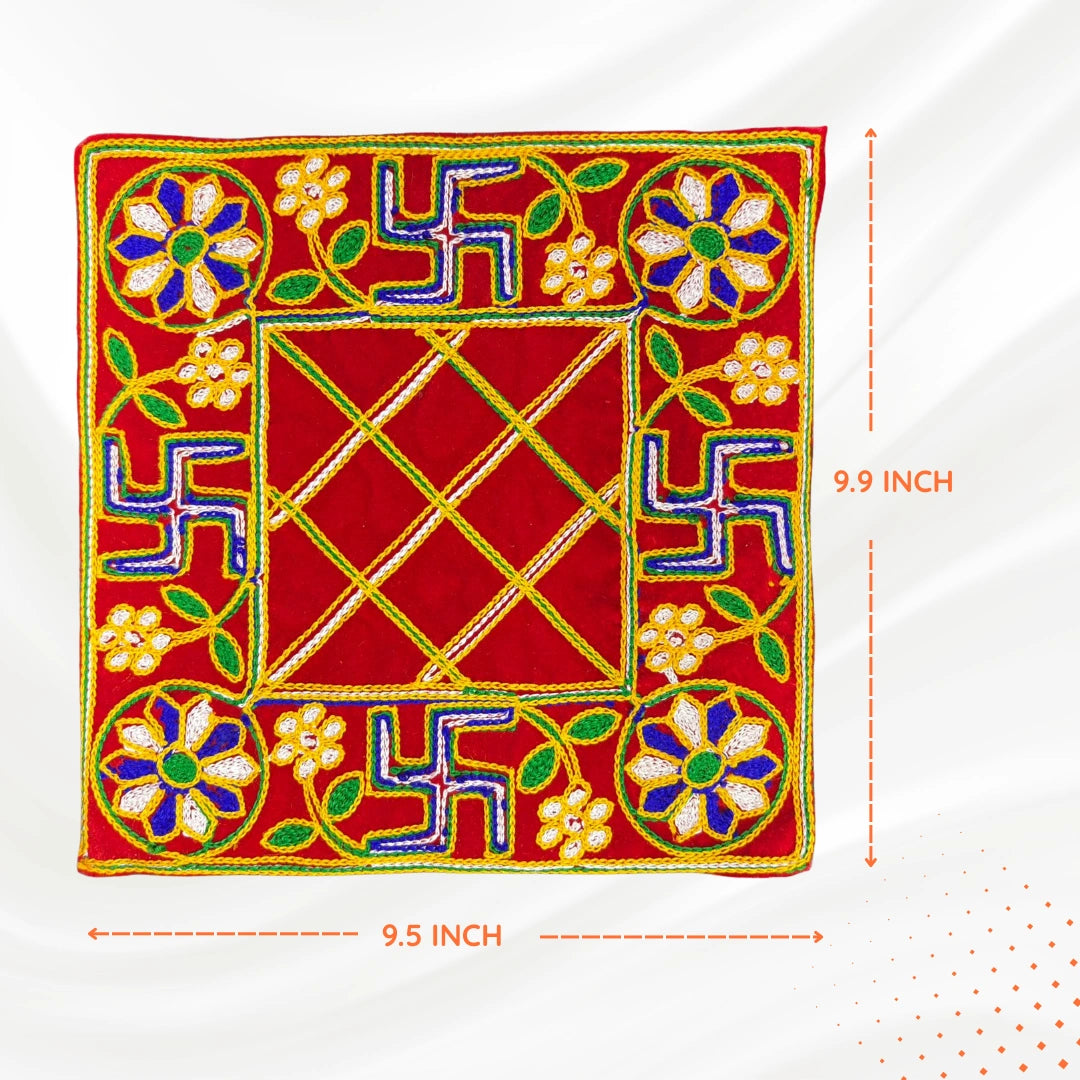 dimensions of Red Pooja Aasan with Floral & Swastik Design
