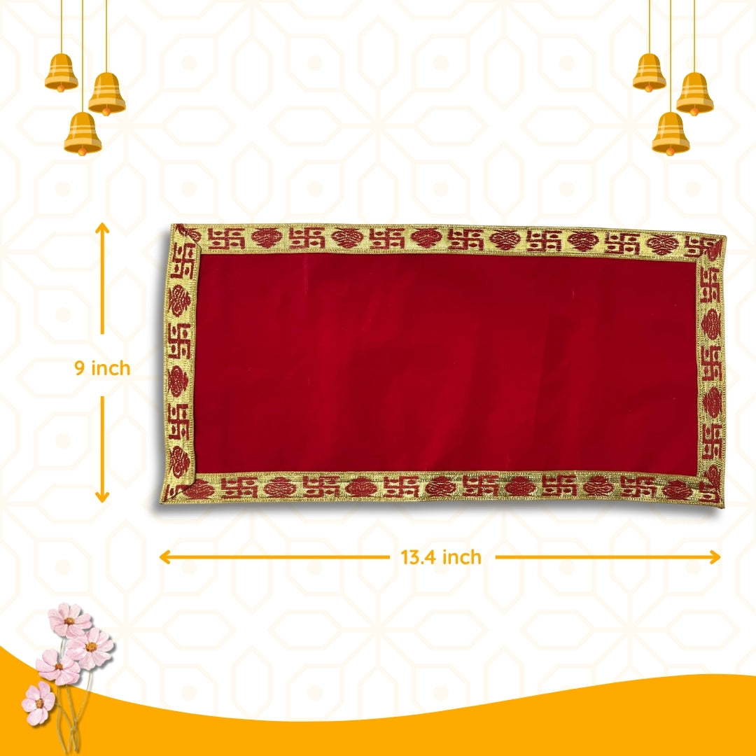 dimensions of Red Velvet Pooja Aasan with Swastik Border – 09x13.4 Inch 