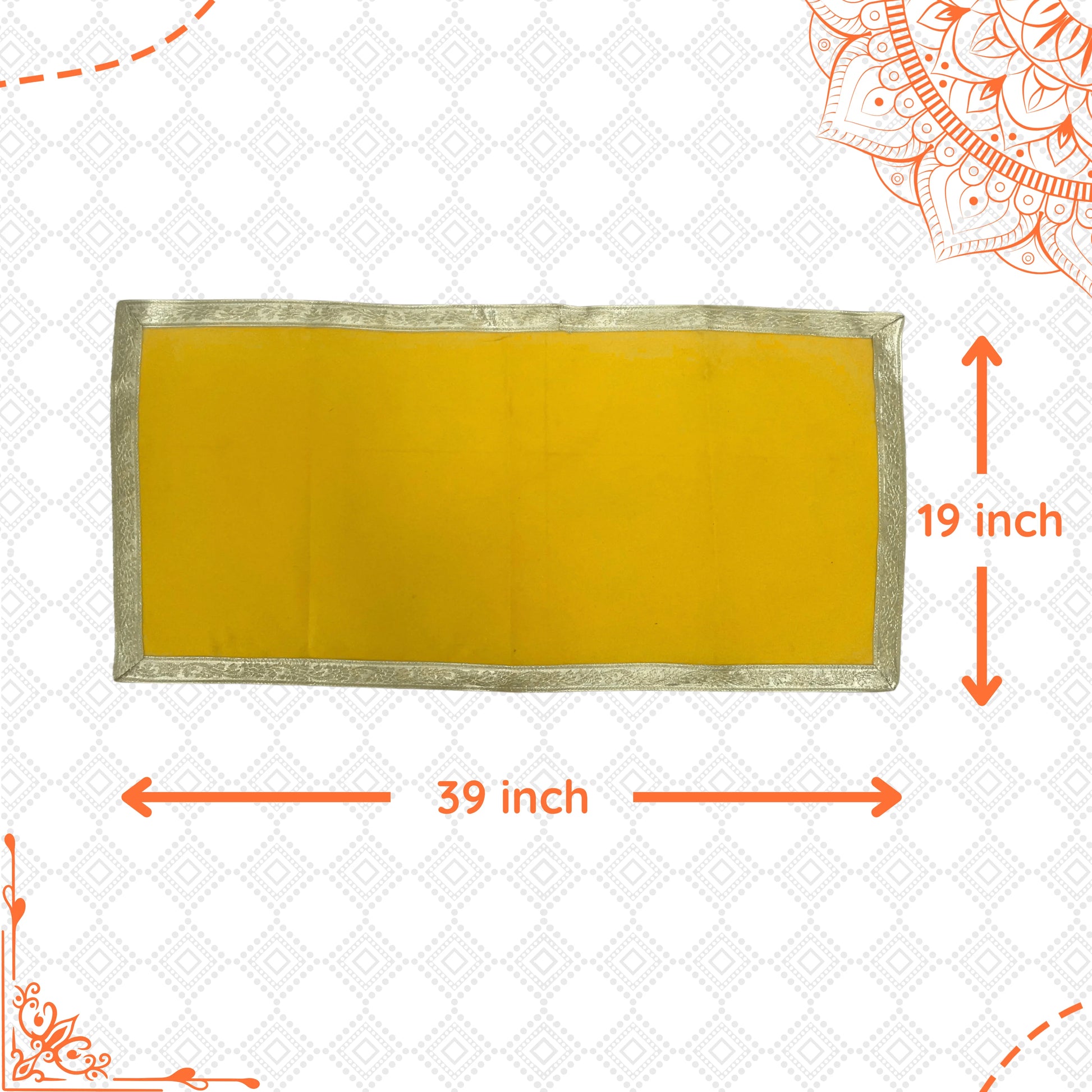 dimensions of Yellow Cotton Aasan with Golden Zari Border – 19x39 inch 
