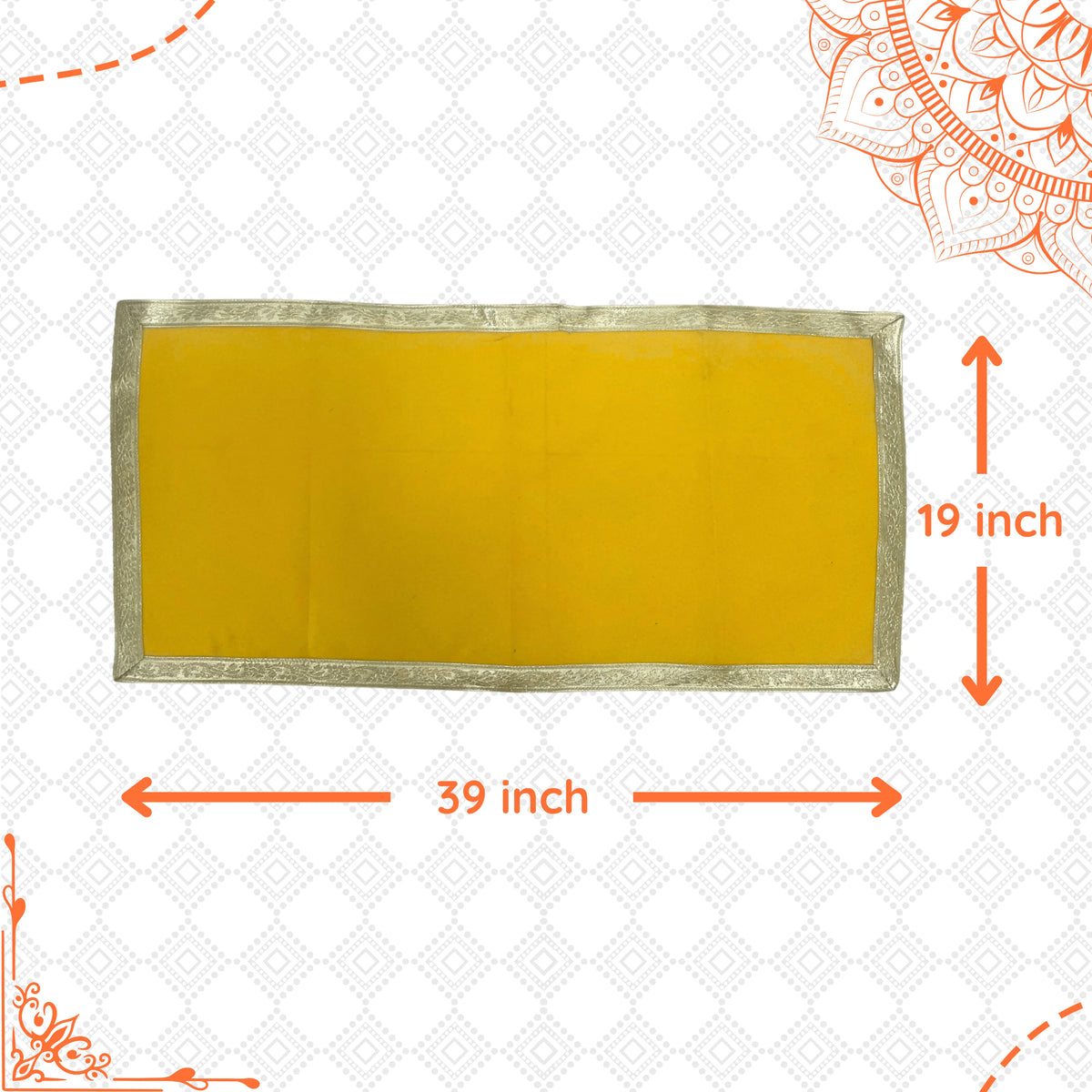 dimensions of Yellow Cotton Aasan with Golden Zari Border – 19x39 inch 