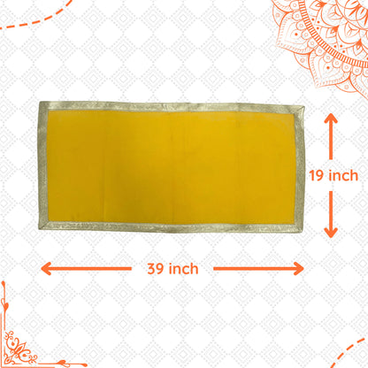 dimensions of Yellow Cotton Aasan with Golden Zari Border – 19x39 inch 