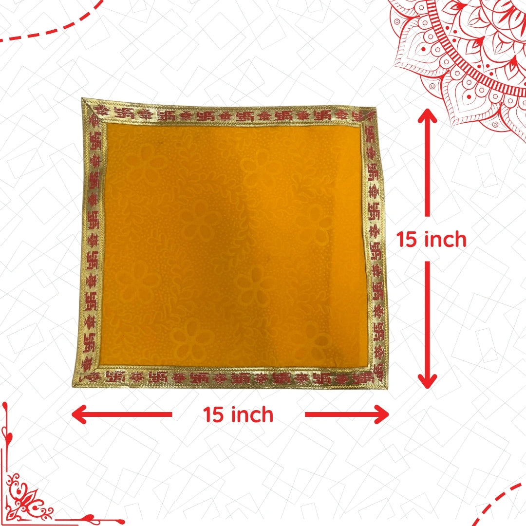 dimensions-of-Yellow-Floral-Pooja-Aasan-with-Red-Swastik-Border –-15x15-inch