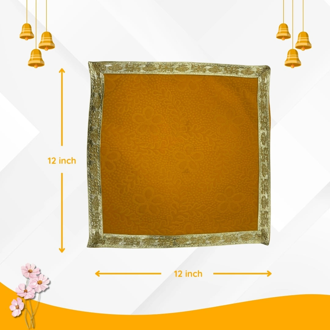 dimensions of Yellow Floral Velvet Pooja Aasan with Golden Border – 12x12 Inchs 