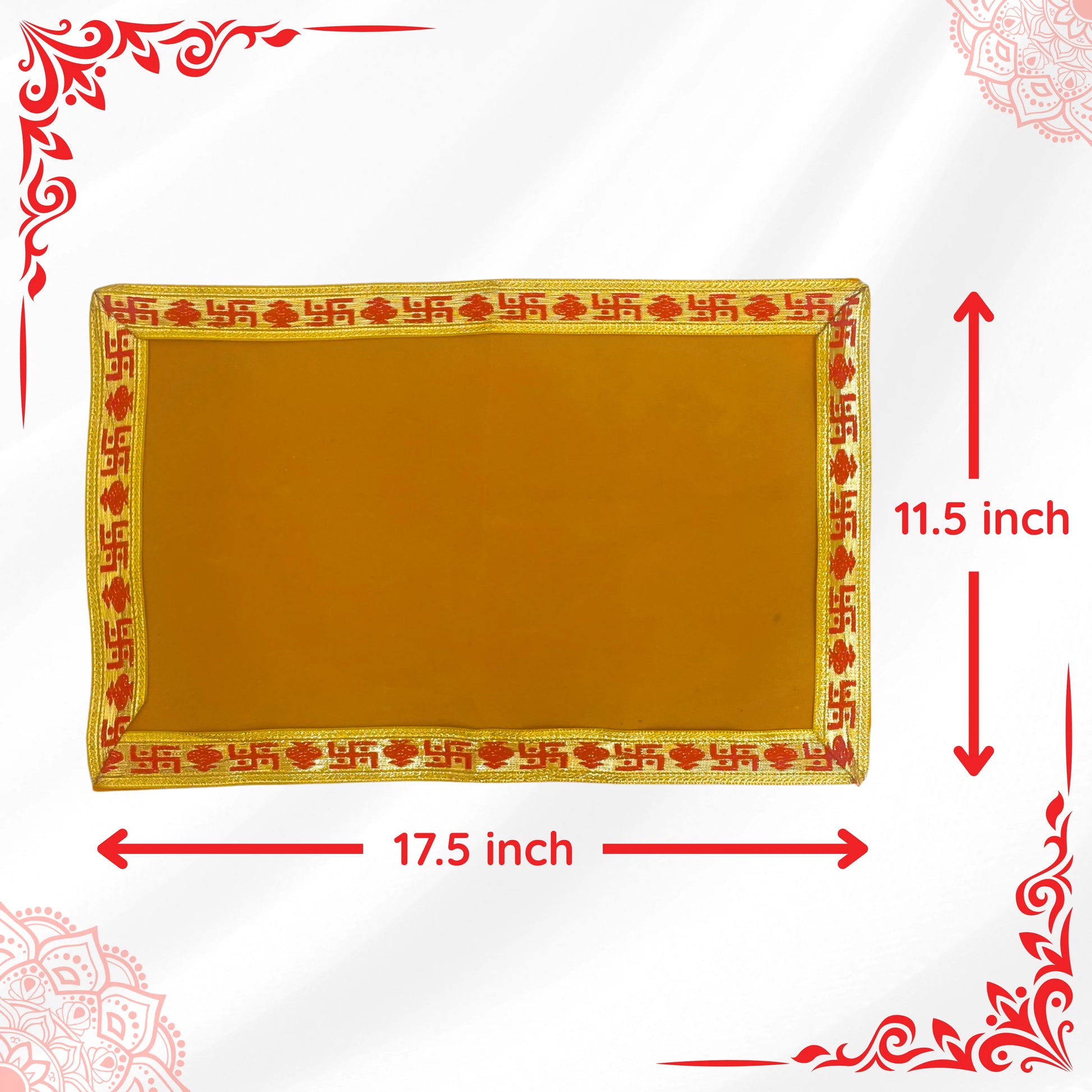 dimensions of Yellow Pooja Aasan with Red Swastik Border – 11.5x17.5 Inch