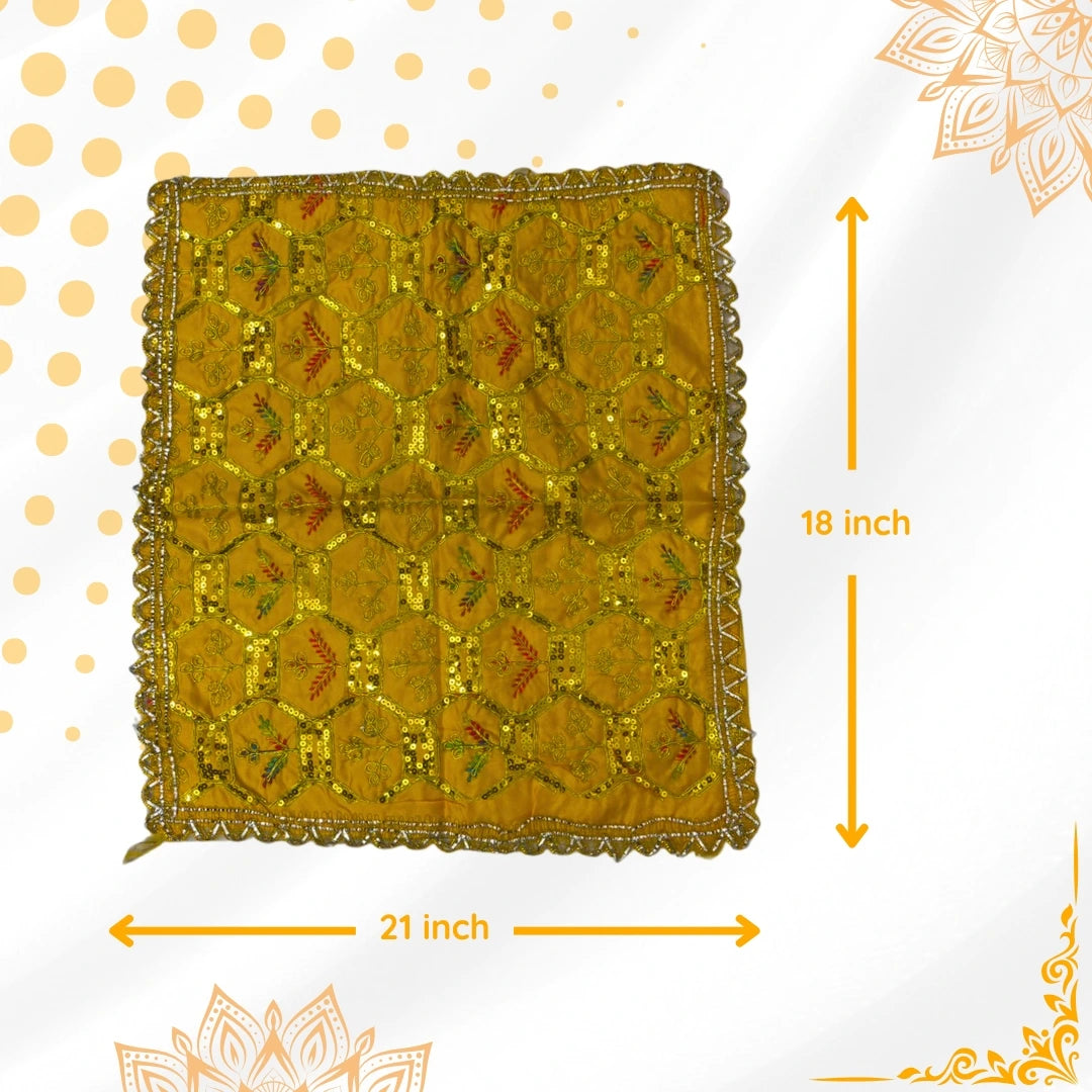 dimensions of Yellow Pooja Aasan with Sequin Work