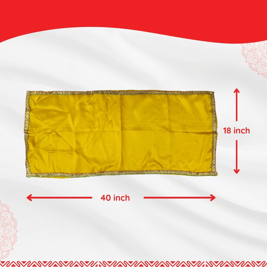  dimensions of Yellow Satin Pooja Aasan with Golden Lace Border – 18x40 Inch 