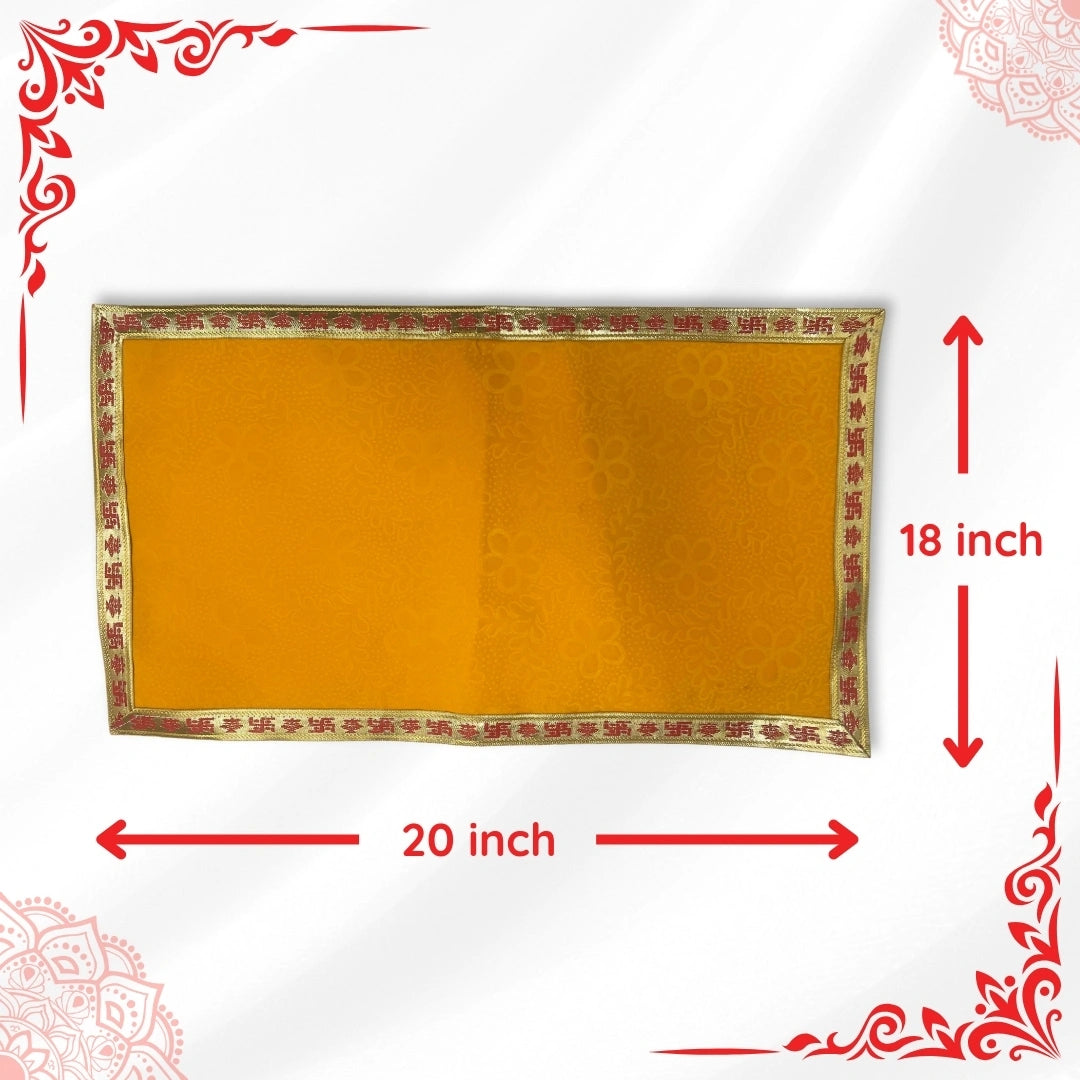 dimensions of Yellow Velvet Pooja Aasan with Swastik Border – 18x20 Inch