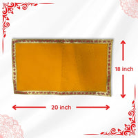 dimensions of Yellow Velvet Pooja Aasan with Swastik Border – 18x20 Inch