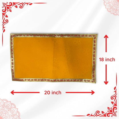 dimensions of Yellow Velvet Pooja Aasan with Swastik Border – 18x20 Inch