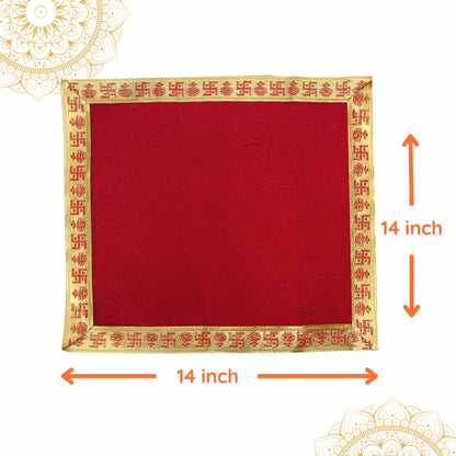 dimensions of  Red Pooja Aasan with Swastik Kalash Border – 14x14 Inch 