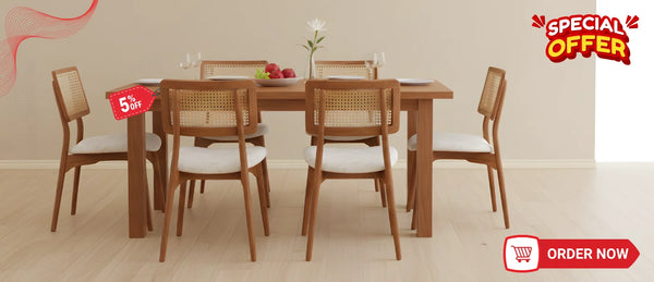 Wooden dining table set with cane dining chairs