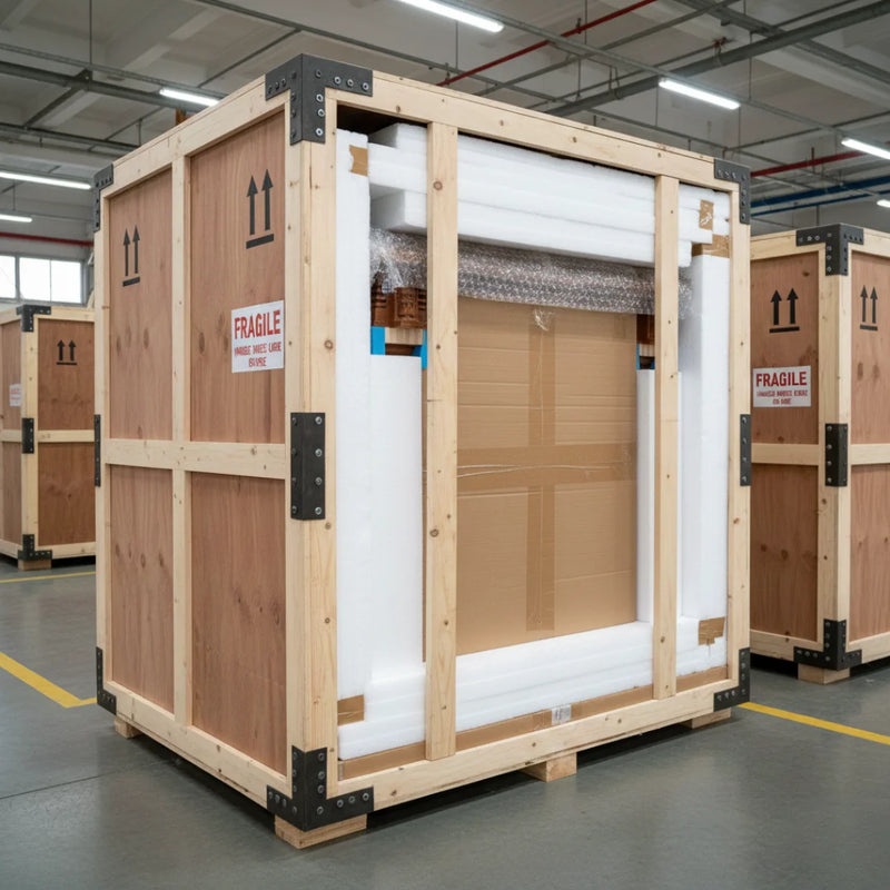 Large wooden crate with protective padding inside, labeled 'Fragile', in a warehouse setting.