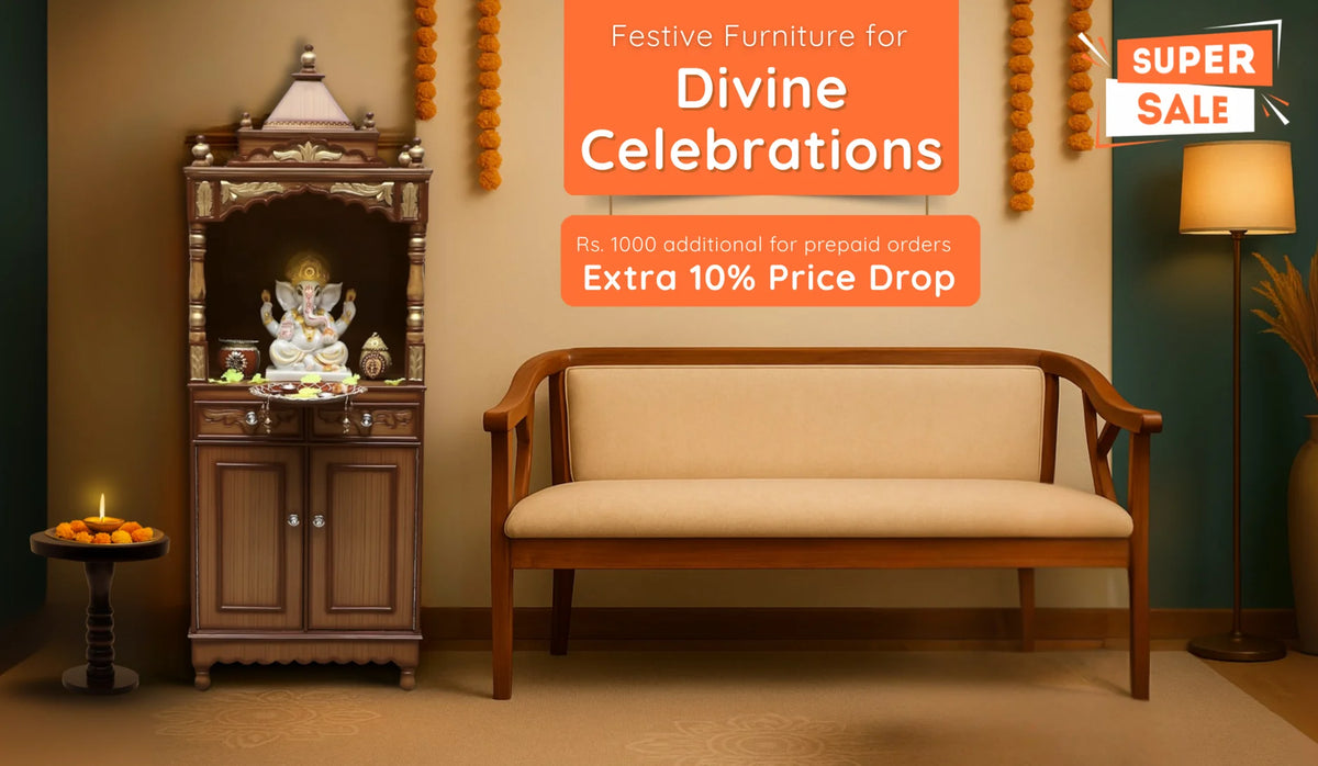 Festive Furniture banner showing wooden pooja mandir with Ganesh idol, teak loveseat, marigold garlands and ‘Super Sale’ offer by DZYN Furnitures.