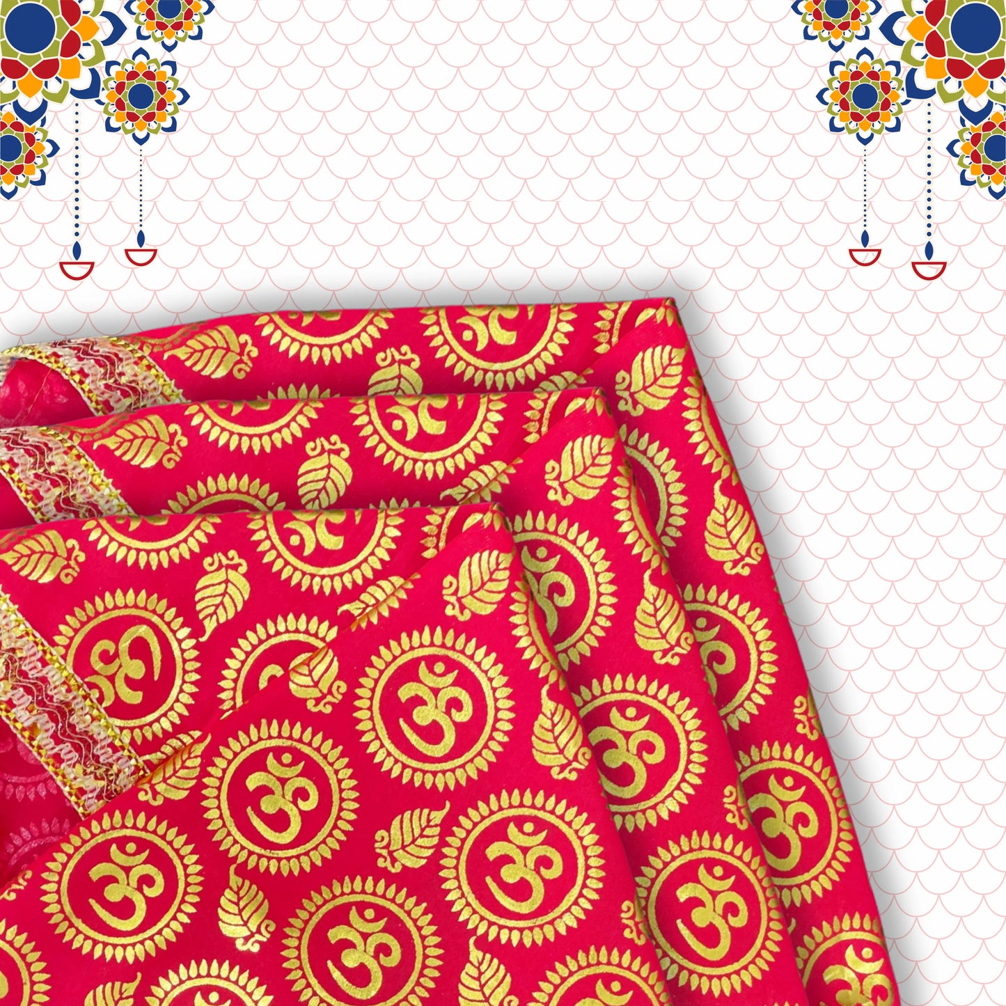 Red Satin Pooja Aasan with Golden Om fold view