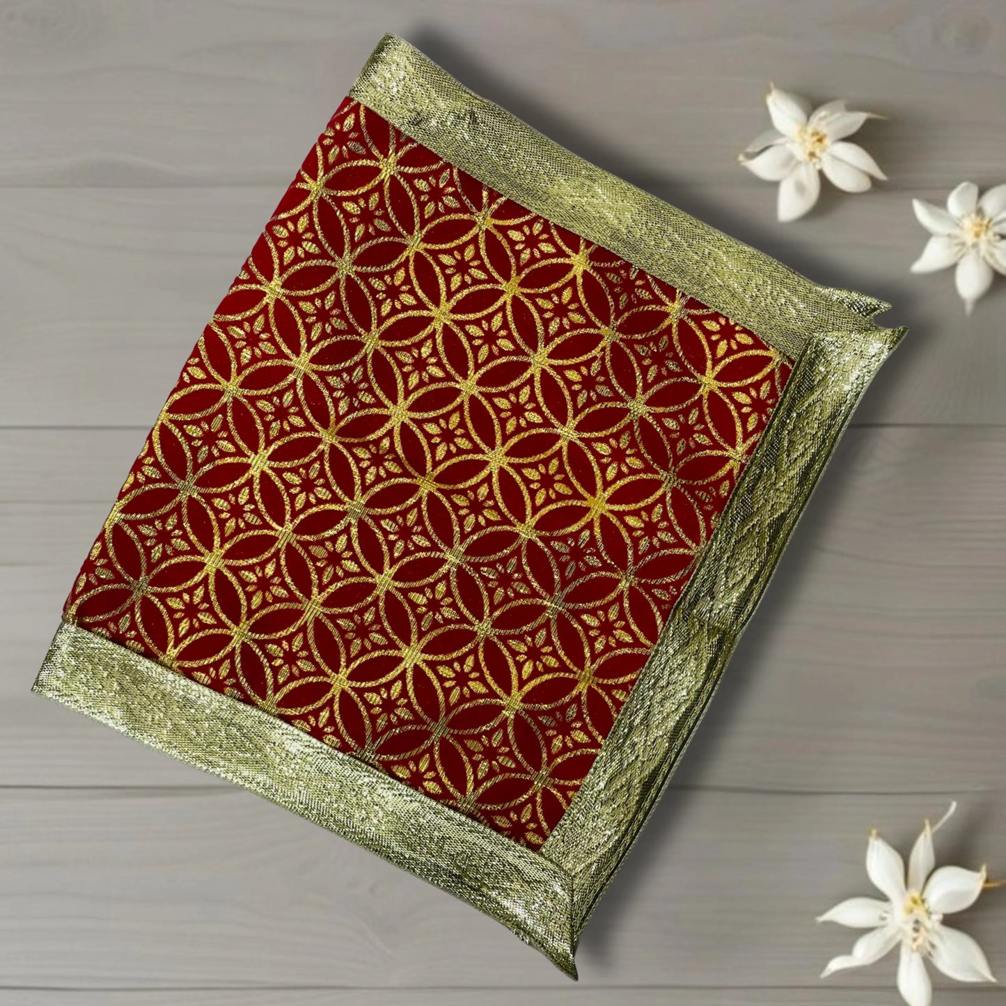  fold view of Golden Floral Design Red Velvet Pooja Asan  