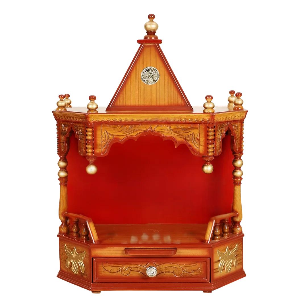 front image of Anugrah Wall Mount Pooja Mandir without Door (Teak Gold)