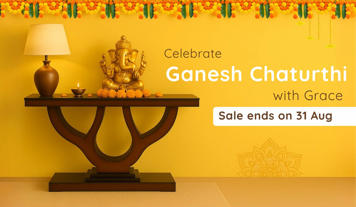 Ganesh Chaturthi sale banner displaying golden Ganesh idol on teak console table, lamp beside, yellow floral backdrop and ‘Sale ends 31 Aug’ note.