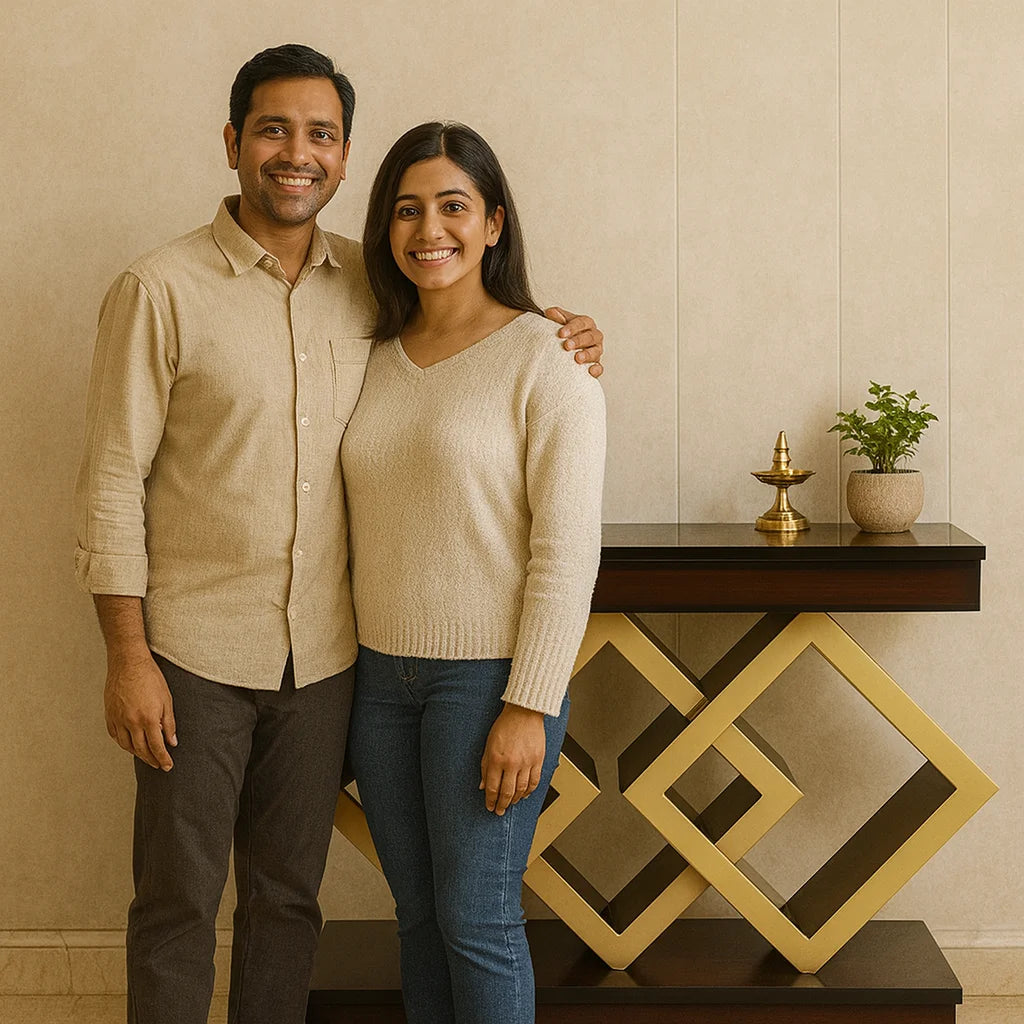Smiling Indian couple standing together in front of a modern wooden console table with geometric gold design, brass decor item, and a small green plant in a pot.