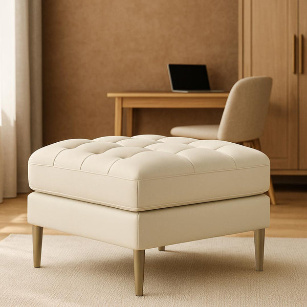 lifestyel view Loft Teak Wood Ottoman Stool (Ivory)