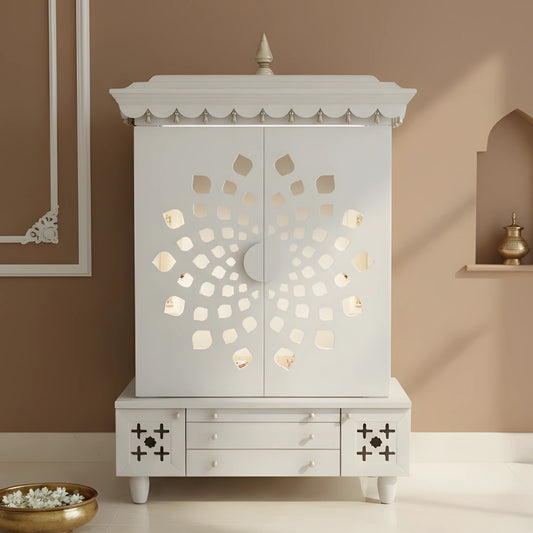 lifestyel view of Anviksha Teak Wood Pooja Mandap With Door(White)