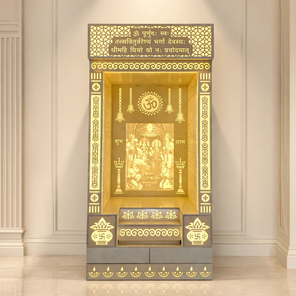 lifestyle image of Prathesh Wooden Corian Mandir (White)