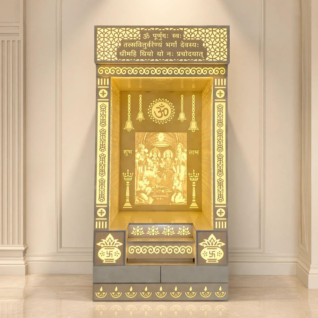 lifestyle image of Prathesh Wooden Corian Mandir (White)
