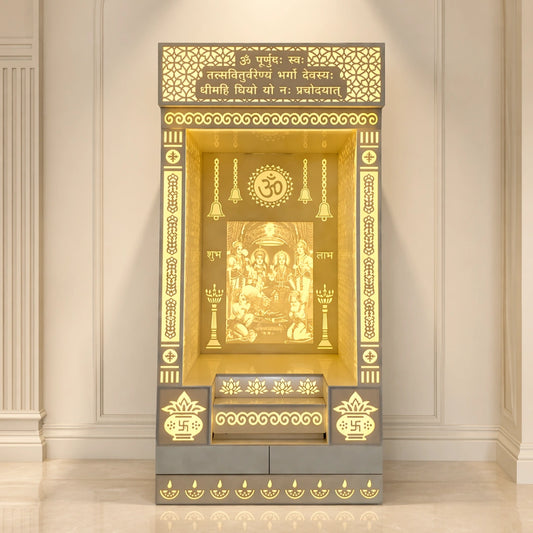 lifestyle image of Prathesh Wooden Corian Mandir (White)