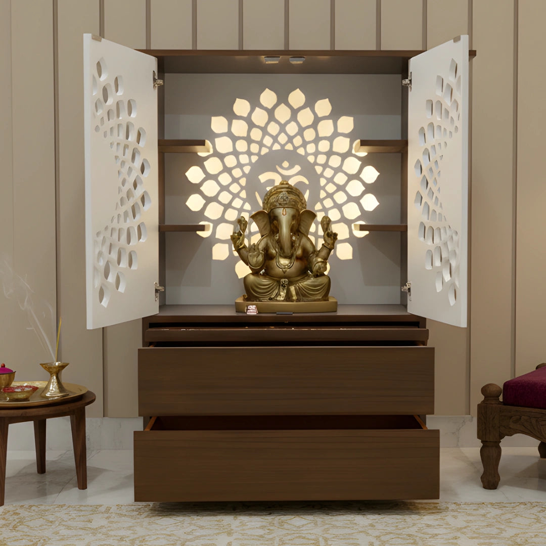 lifestyle image of  Sristhala Teak Wood Mandir (Brown White) 