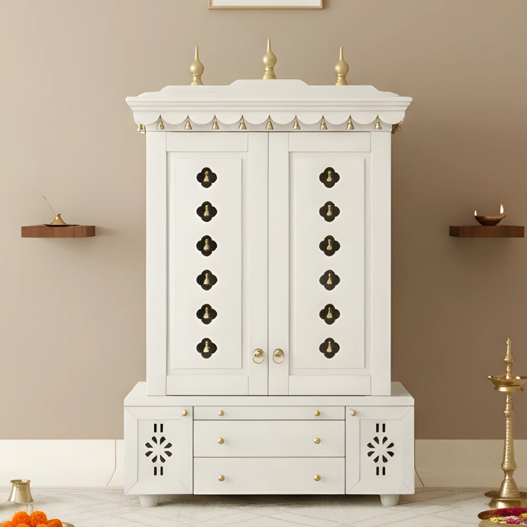 lifestyle image of Omkaram Teak Wood Pooja Mandap with Door (White)