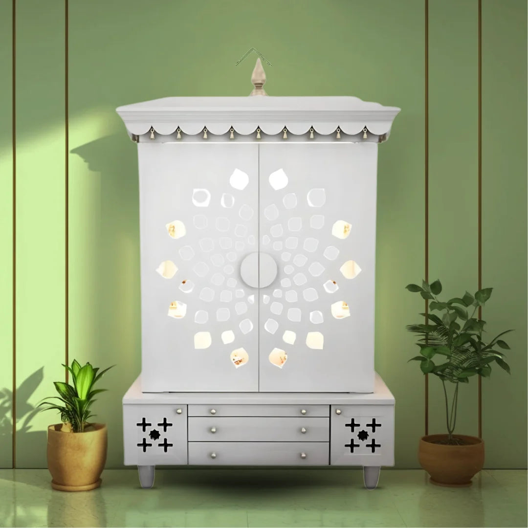 lifestyle of Anviksha Teak Wood Pooja Mandap With Door(White)