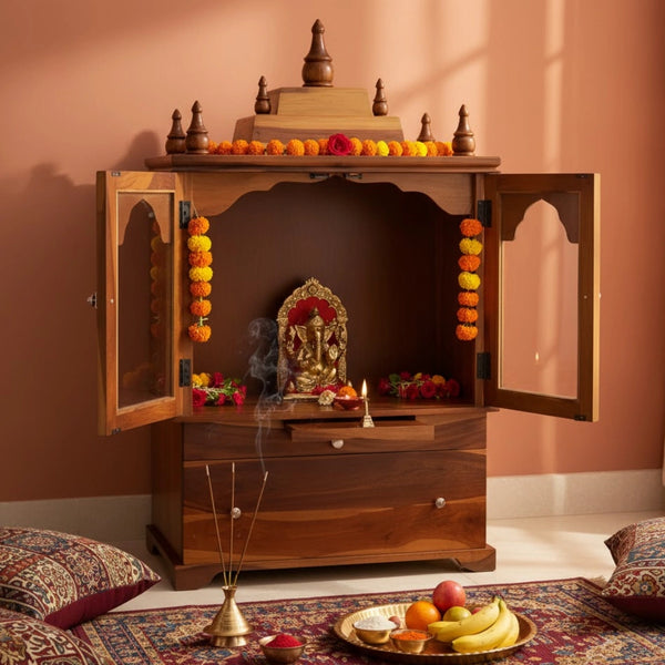 lifestyle view Aumesh Teak Wood Pooja Mandir with Door (Teak) 