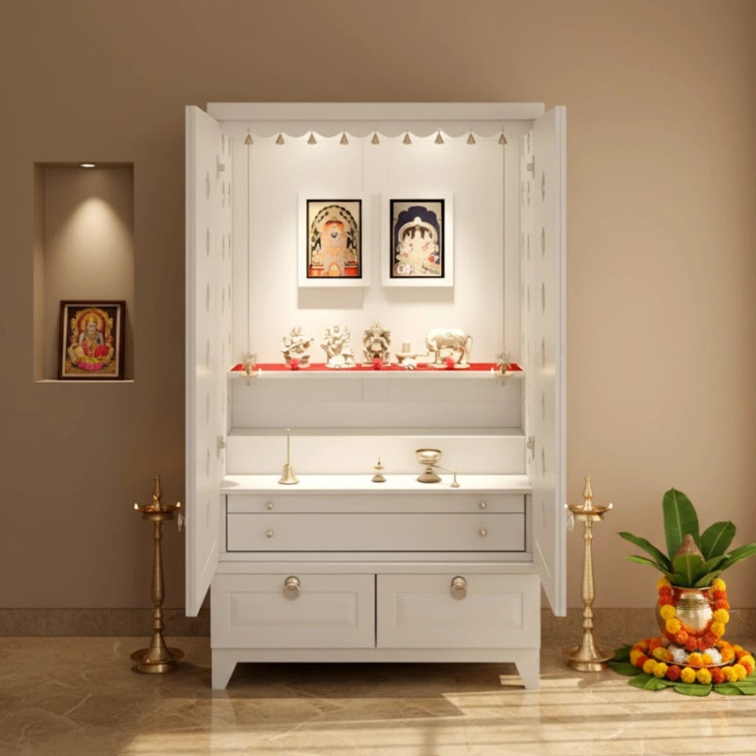 lifestyle view Bheema Teak Wood Pooja Mandap with Door (White) 