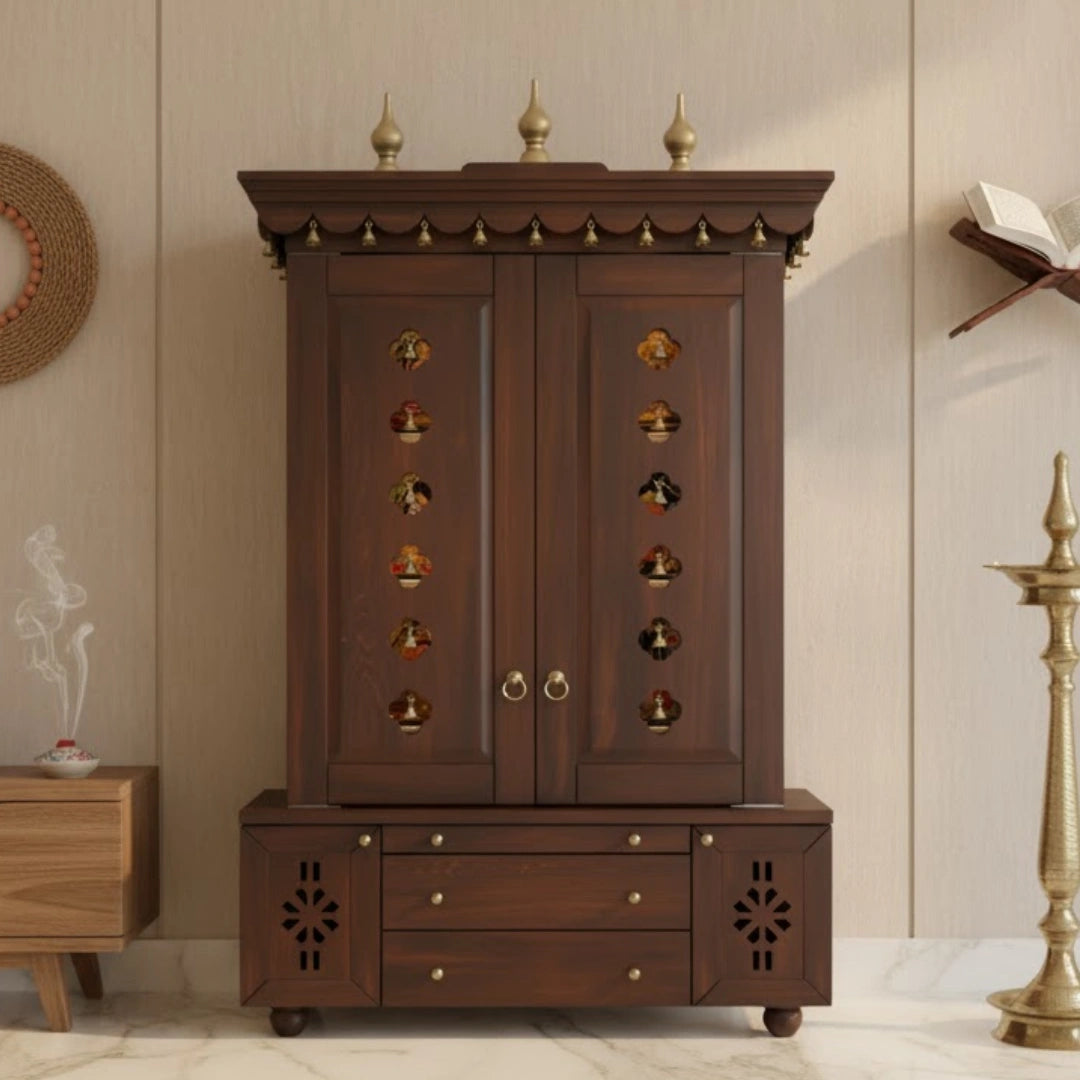  lifestyle view Vrittika Teak Wood Pooja Mandap with Door (Wenge) 