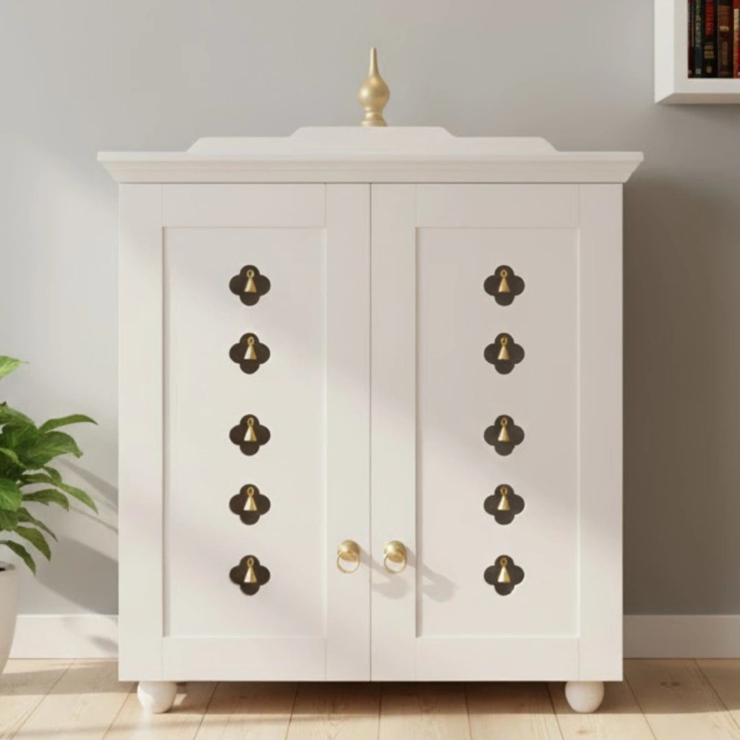 lifestyle view of Aumkara Teak Wood Mandir with Door (White)