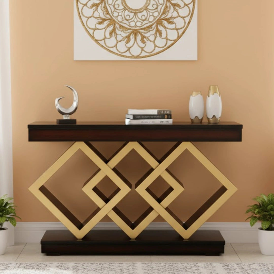 lifestyle view of Elite Solid Wood Console Table (Brown Gold) 