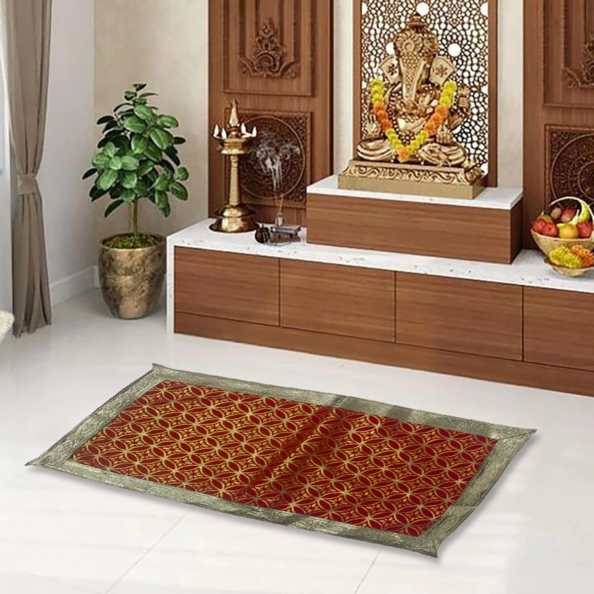 lifestyle view of Golden Floral Design Red Velvet Pooja Asan  