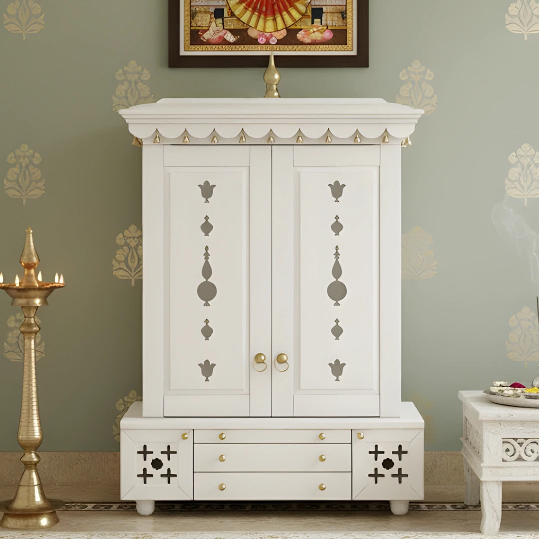 lifestyle view of Omkaram Teak Wood Pooja Mandap with Door (White)
