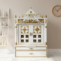 lifestyle view of Prabhava Floor Rested Pooja Mandir with Door (White Gold)