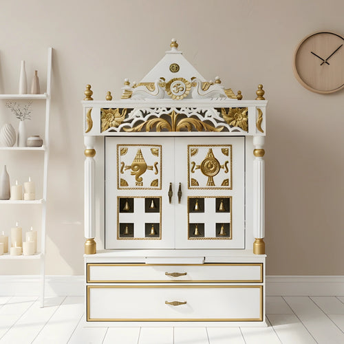 Prabhava Floor Rested Pooja Mandir with Door (White Gold)