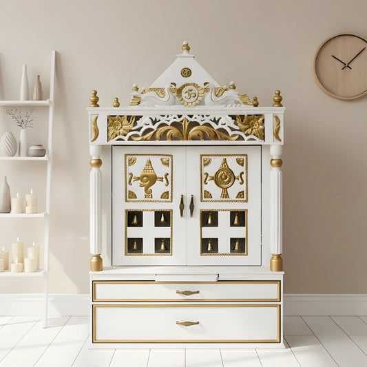 lifestyle view of Prabhava Floor Rested Pooja Mandir with Door (White Gold)