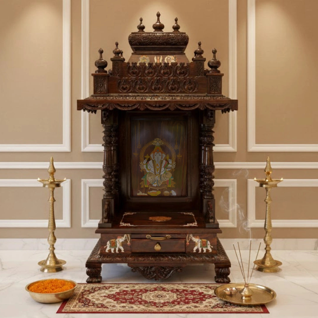 lifestyle view of Pushkaram Teak Wood Mandir (Brown)