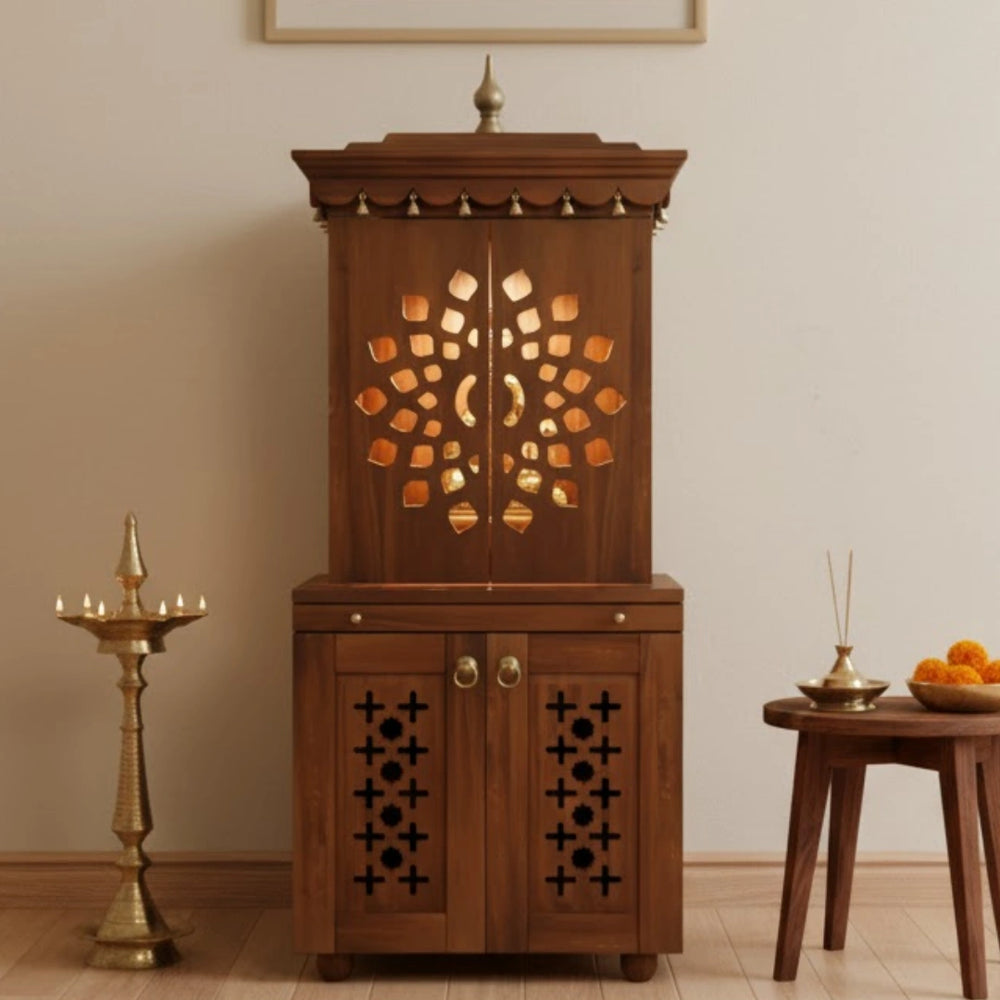 lifestyle view of Rudralaya Teak Wood Pooja Mandap with Door (Teak)