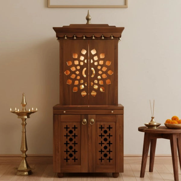 lifestyle view of Rudralaya Teak Wood Pooja Mandap with Door (Teak)