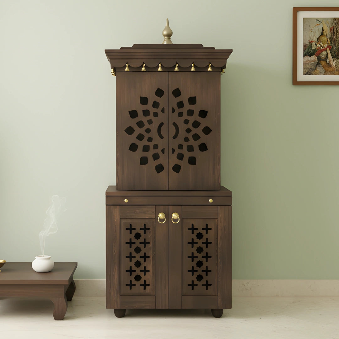 lifestyle view of Rudralaya Teak Wood Pooja Mandap with Door (Wenge) 