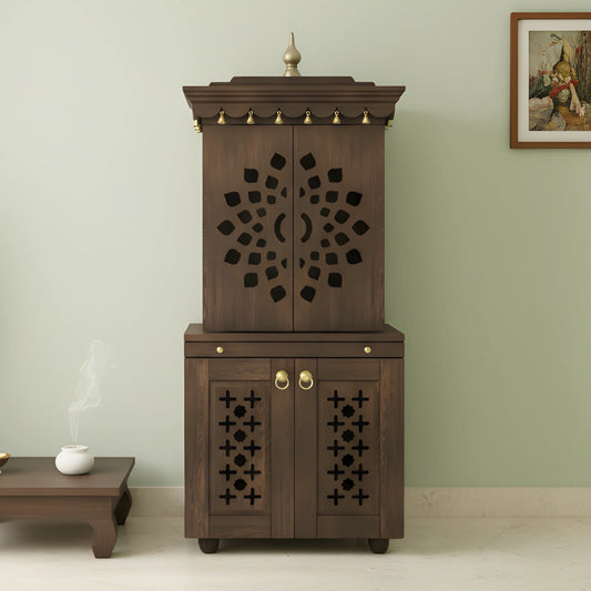 lifestyle view of Rudralaya Teak Wood Pooja Mandap with Door (Wenge) 