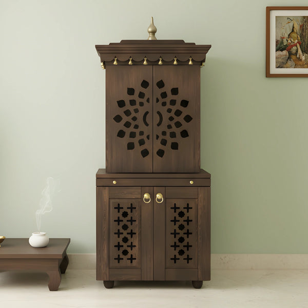 lifestyle view of Rudralaya Teak Wood Pooja Mandap with Door (Wenge) 