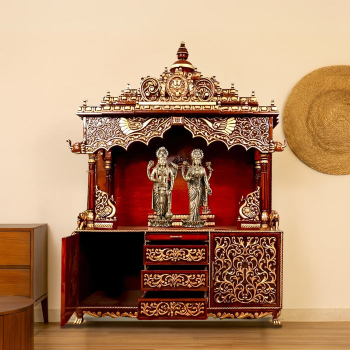 Cherry finish teak wood pooja mandir in a home