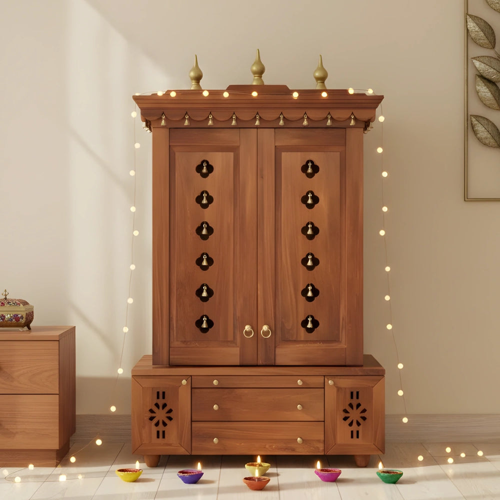 lifestyle view of Vrittika Teak Wood Pooja Mandap with Door (Teak) 