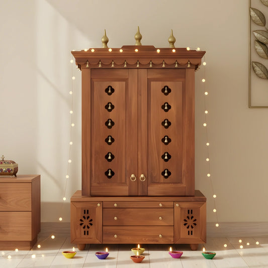 lifestyle view of Vrittika Teak Wood Pooja Mandap with Door (Teak) 