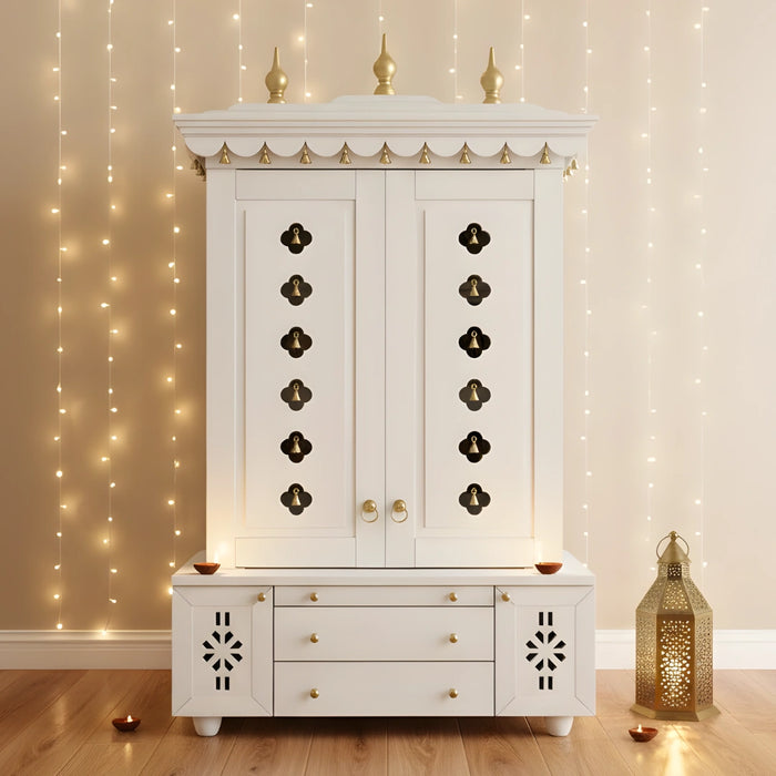 White finish teak wood pooja mandir in a home